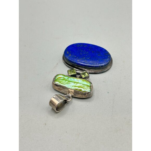 Lapis Lazuli & Green Dyed Pearl Sterling Silver Pendant 2" Charm Pendant - Picture 4 of 6